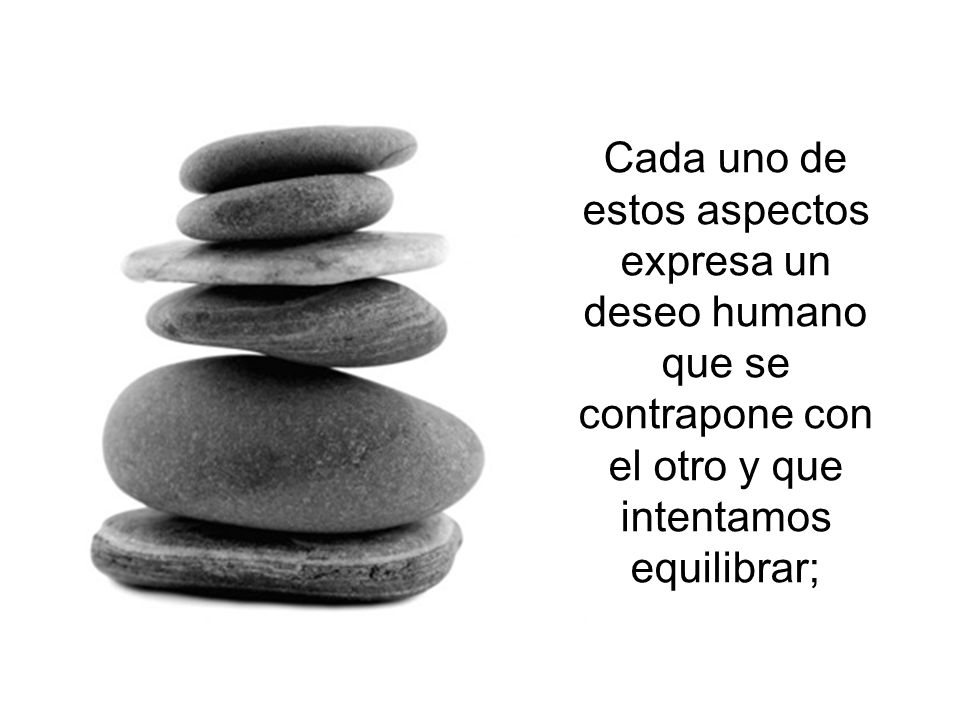 Cada uno de estos aspectos expresa un deseo humano que se contrapone con el otro y que intentamos equilibrar;