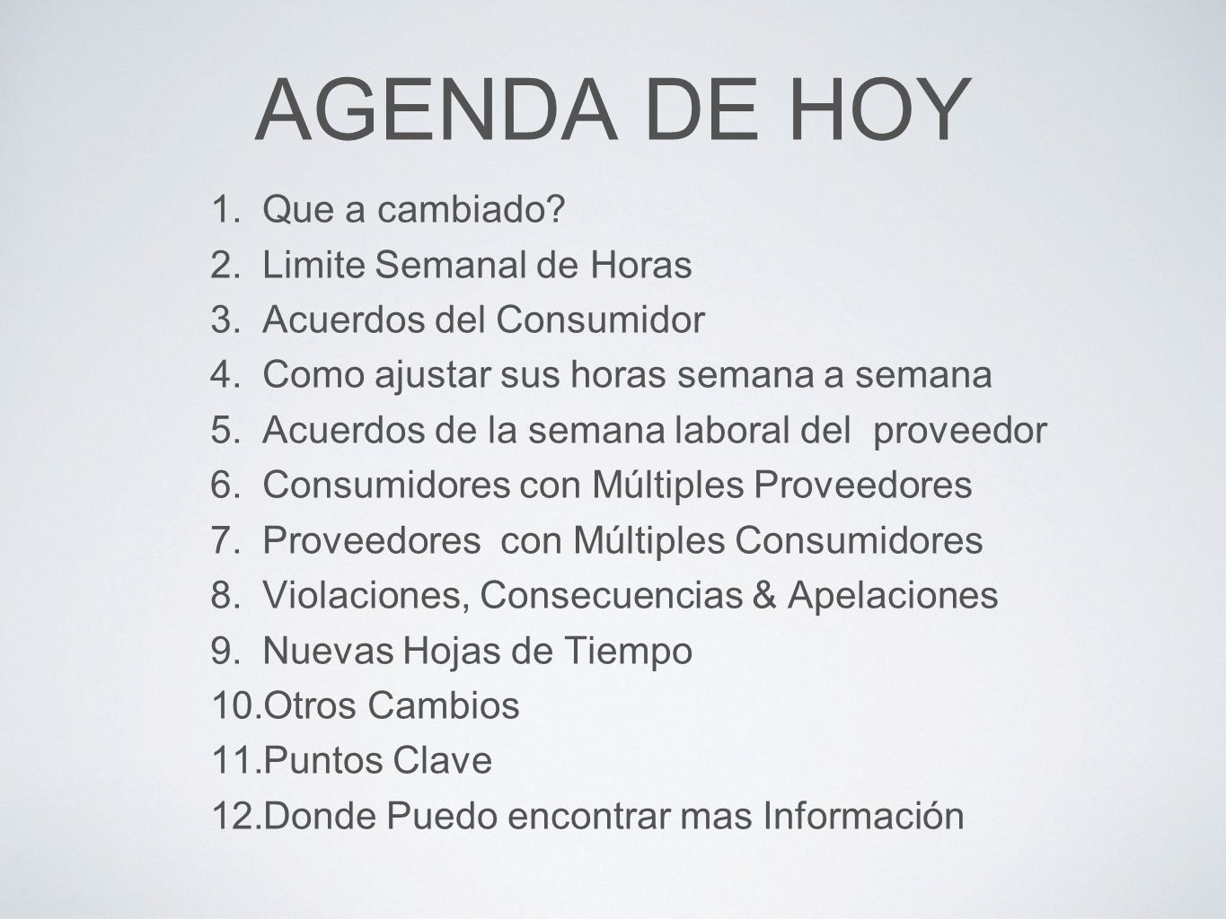 AGENDA DE HOY Que a cambiado Limite Semanal de Horas