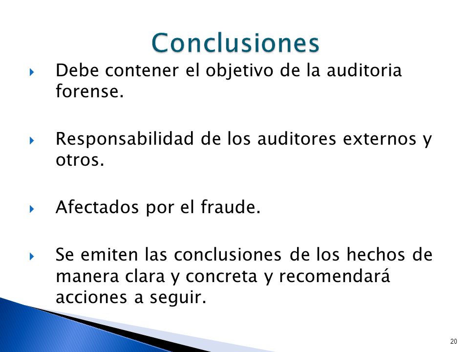 Conclusiones Debe contener el objetivo de la auditoria forense.