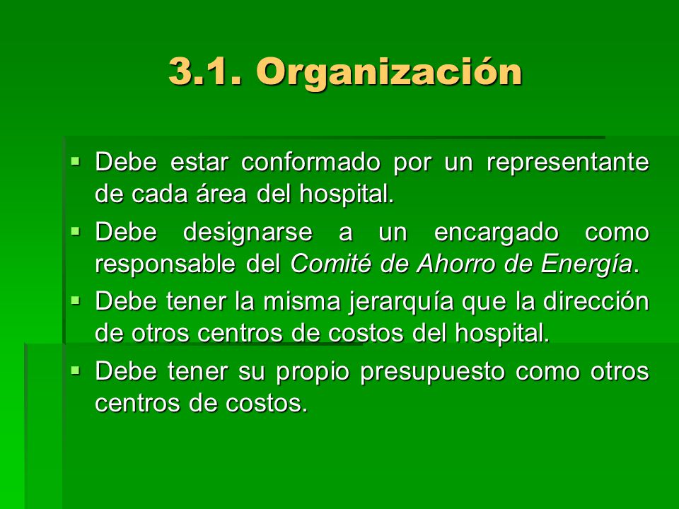 3.1. Organización Debe estar conformado por un representante de cada área del hospital.
