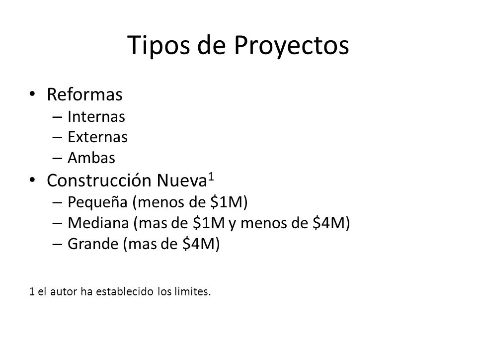 Tipos de Proyectos Reformas Construcción Nueva1 Internas Externas
