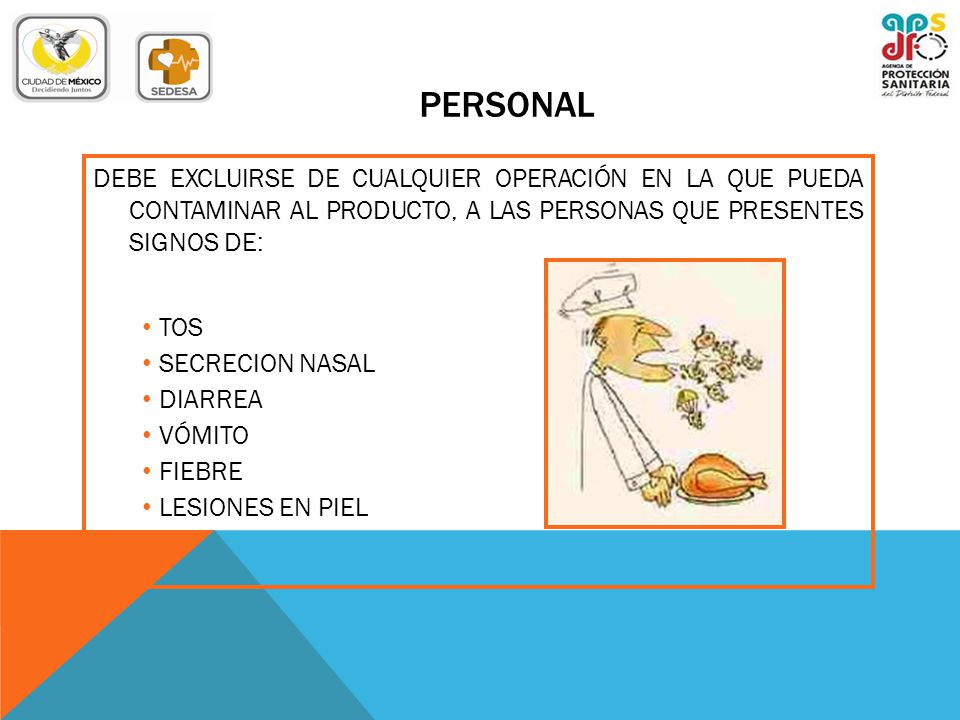 PERSONAL DEBE EXCLUIRSE DE CUALQUIER OPERACIÓN EN LA QUE PUEDA CONTAMINAR AL PRODUCTO, A LAS PERSONAS QUE PRESENTES SIGNOS DE:
