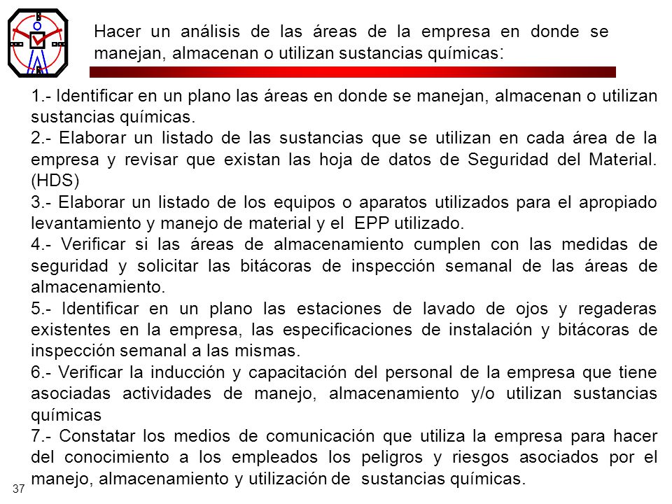 Hacer un análisis de las áreas de la empresa en donde se manejan, almacenan o utilizan sustancias químicas: