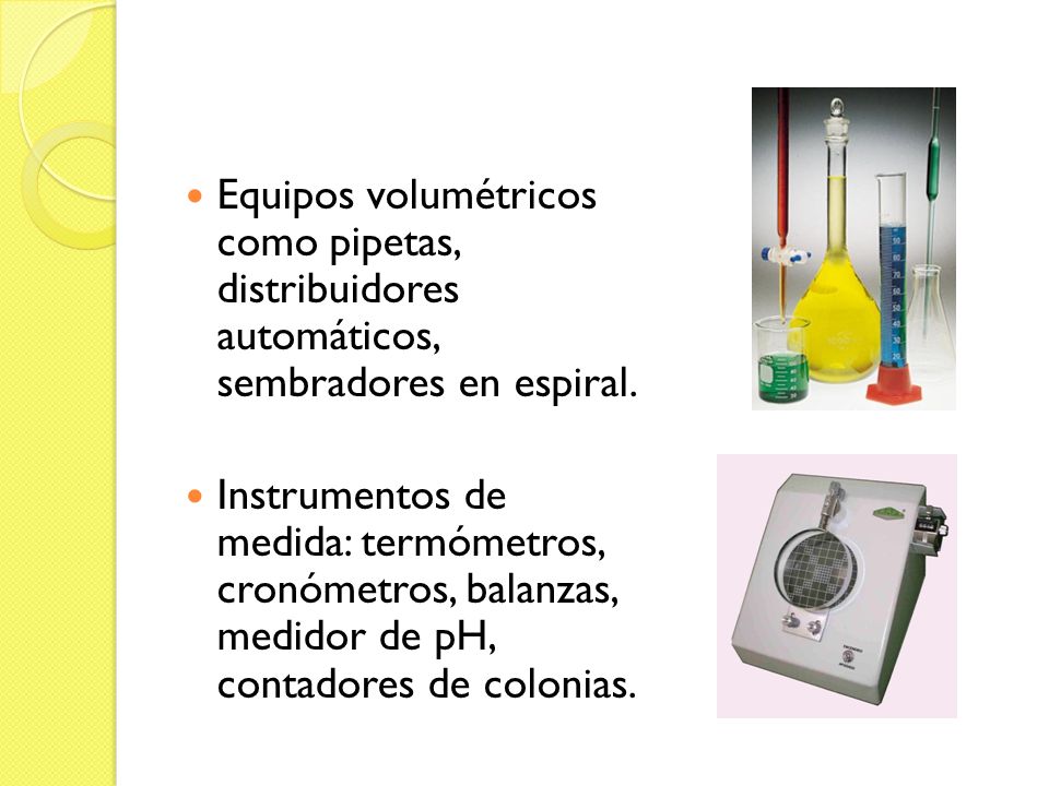 Equipos volumétricos como pipetas, distribuidores automáticos, sembradores en espiral.