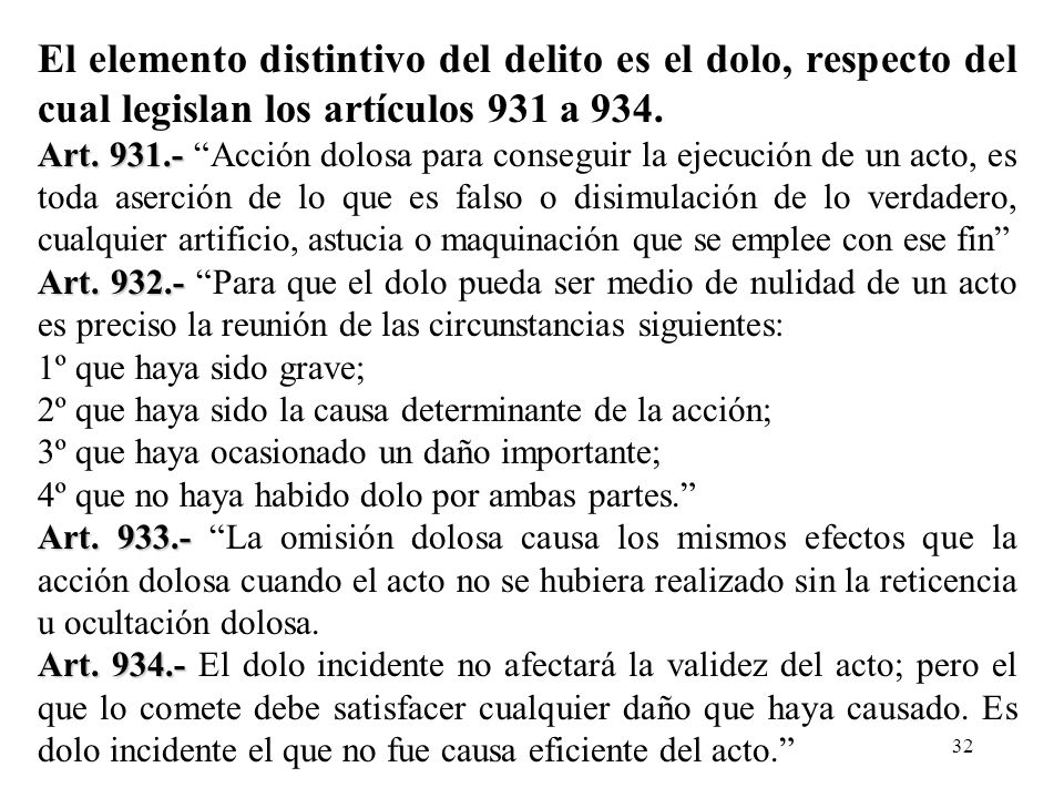 El elemento distintivo del delito es el dolo, respecto del cual legislan los artículos 931 a 934.