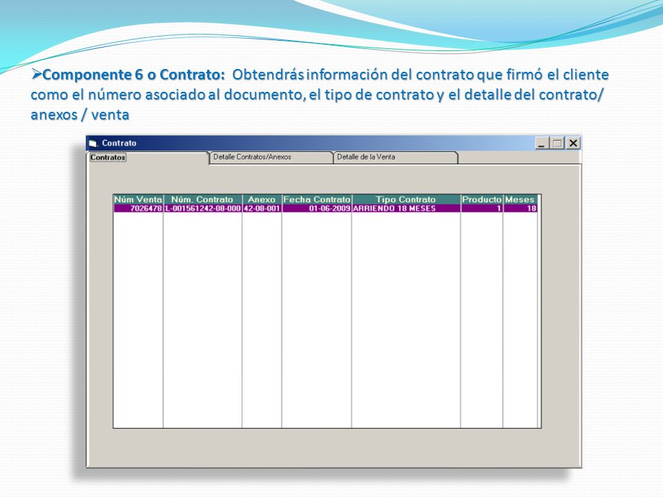 Componente 6 o Contrato: Obtendrás información del contrato que firmó el cliente como el número asociado al documento, el tipo de contrato y el detalle del contrato/ anexos / venta