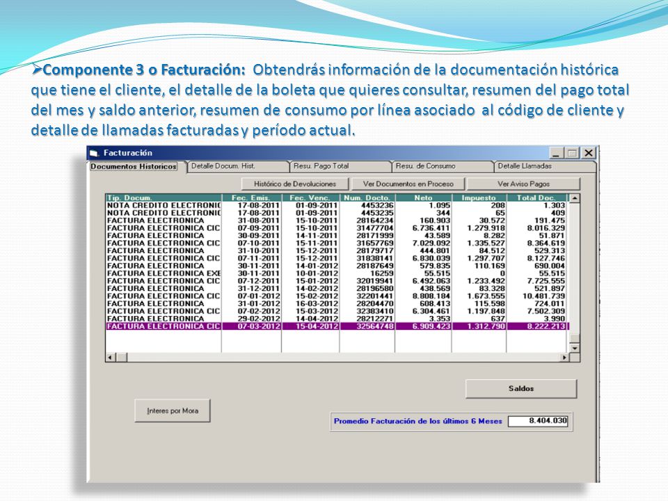 Componente 3 o Facturación: Obtendrás información de la documentación histórica que tiene el cliente, el detalle de la boleta que quieres consultar, resumen del pago total del mes y saldo anterior, resumen de consumo por línea asociado al código de cliente y detalle de llamadas facturadas y período actual.