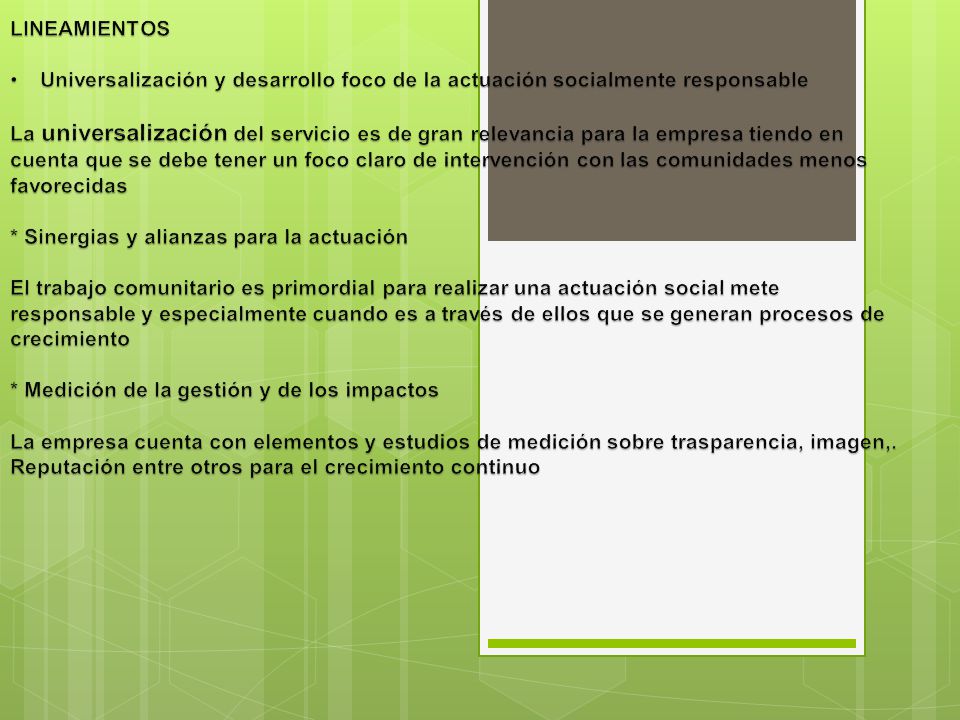 LINEAMIENTOS Universalización y desarrollo foco de la actuación socialmente responsable.