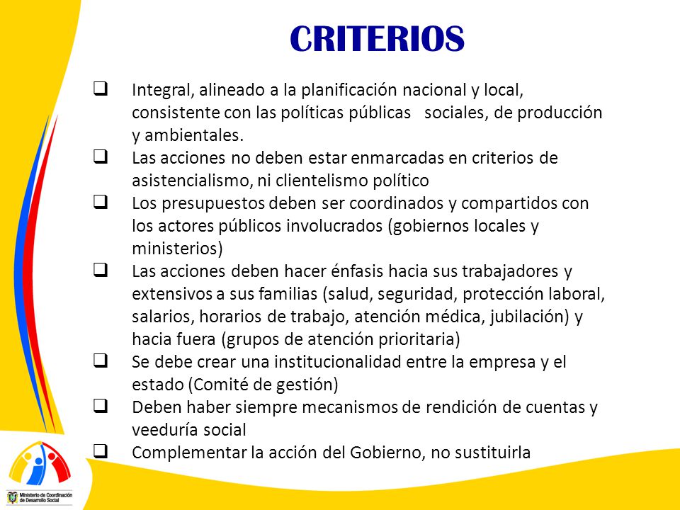 CRITERIOS Integral, alineado a la planificación nacional y local, consistente con las políticas públicas sociales, de producción y ambientales.