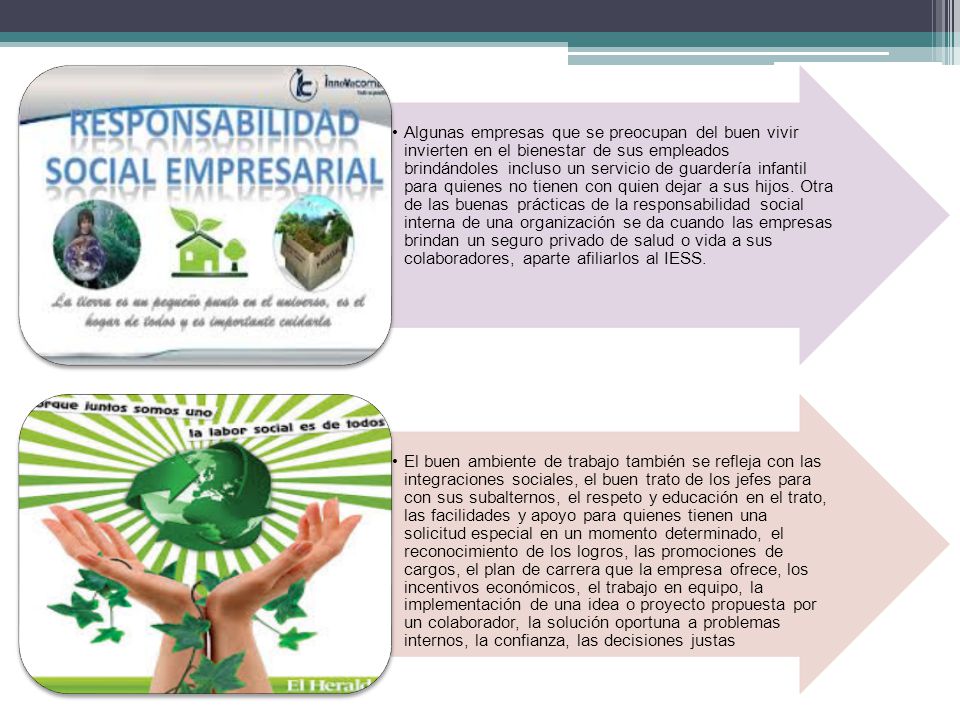 Algunas empresas que se preocupan del buen vivir invierten en el bienestar de sus empleados brindándoles incluso un servicio de guardería infantil para quienes no tienen con quien dejar a sus hijos. Otra de las buenas prácticas de la responsabilidad social interna de una organización se da cuando las empresas brindan un seguro privado de salud o vida a sus colaboradores, aparte afiliarlos al IESS.