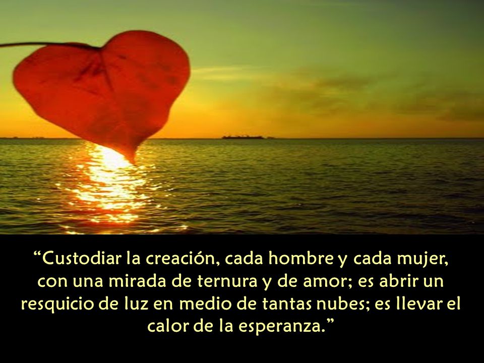 Custodiar la creación, cada hombre y cada mujer, con una mirada de ternura y de amor; es abrir un resquicio de luz en medio de tantas nubes; es llevar el calor de la esperanza.