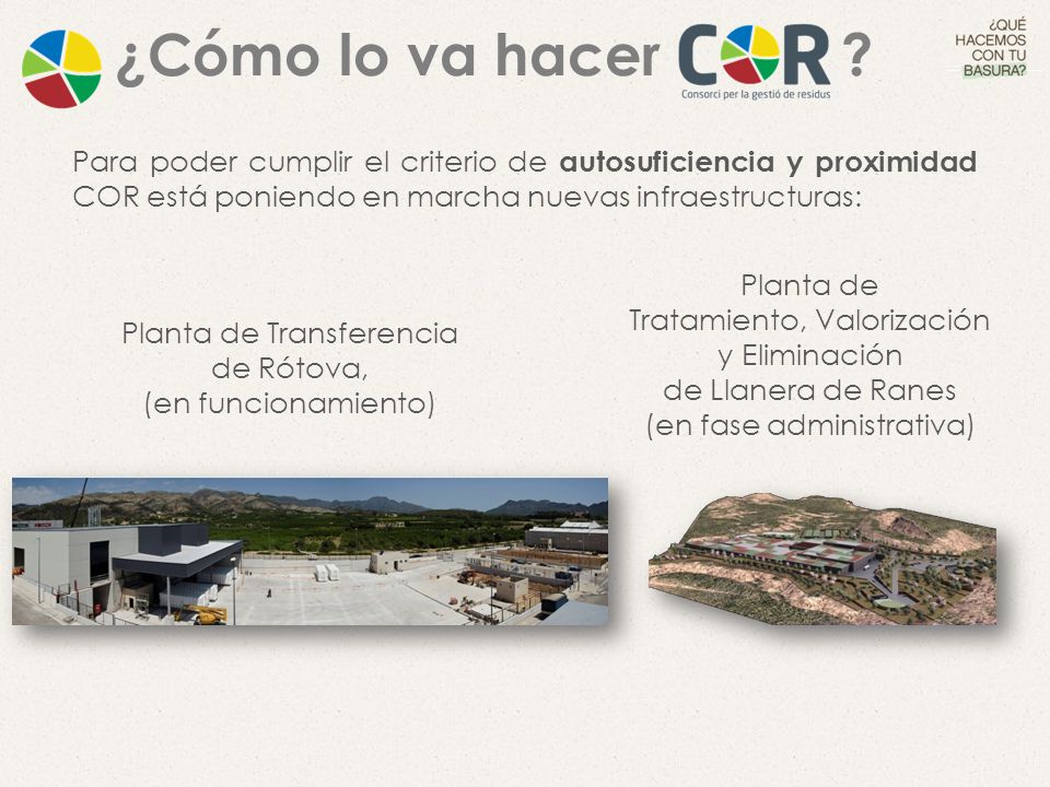 ¿Cómo lo va hacer Para poder cumplir el criterio de autosuficiencia y proximidad COR está poniendo en marcha nuevas infraestructuras:
