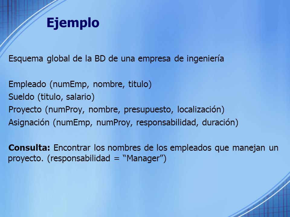 Ejemplo Esquema global de la BD de una empresa de ingeniería