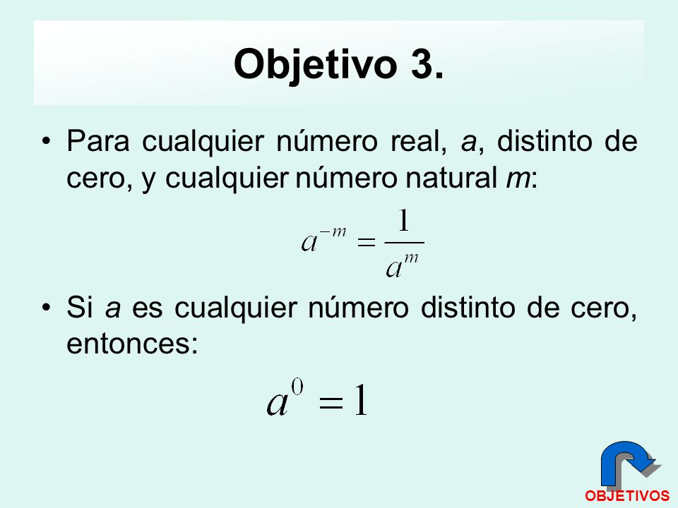 Objetivo 3. Para cualquier número real, a, distinto de cero, y cualquier número natural m: Si a es cualquier número distinto de cero, entonces: