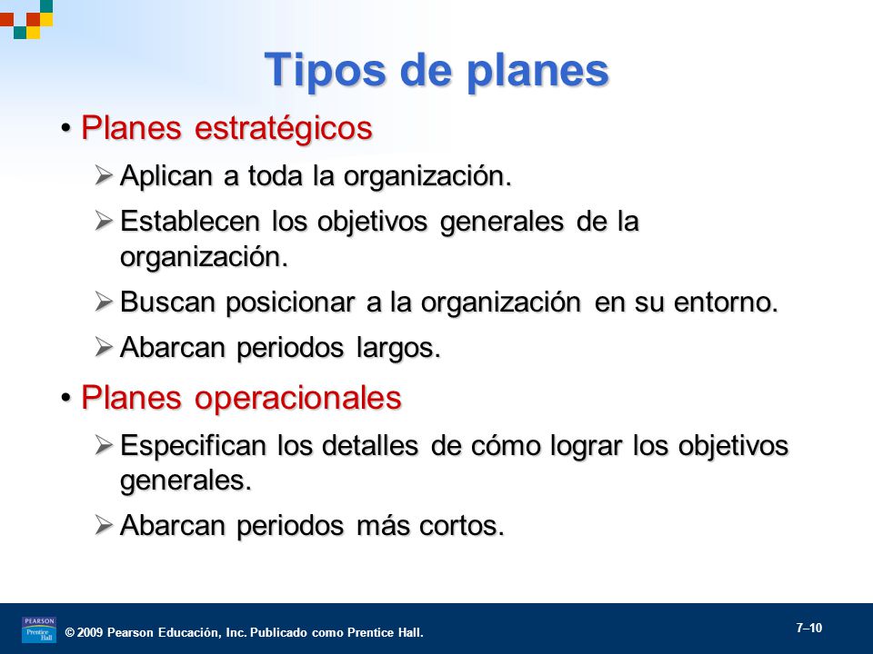 Tipos de planes Planes estratégicos Planes operacionales