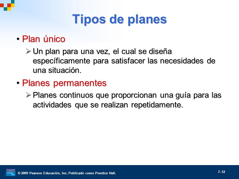 Tipos de planes Plan único Planes permanentes