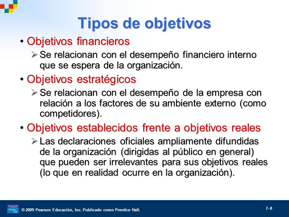 Tipos de objetivos Objetivos financieros Objetivos estratégicos