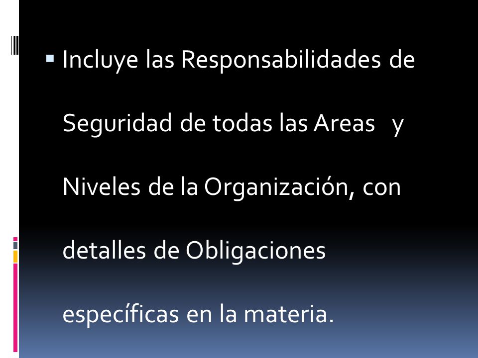 Incluye las Responsabilidades de Seguridad de todas las Areas y Niveles de la Organización, con detalles de Obligaciones específicas en la materia.