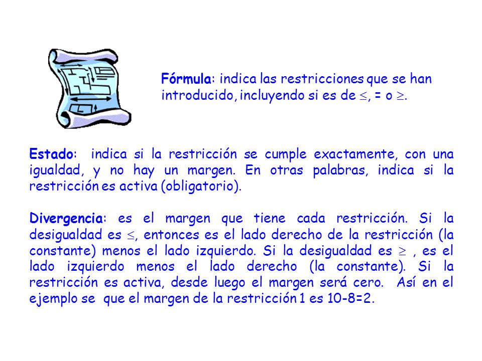 Fórmula: indica las restricciones que se han introducido, incluyendo si es de , = o .