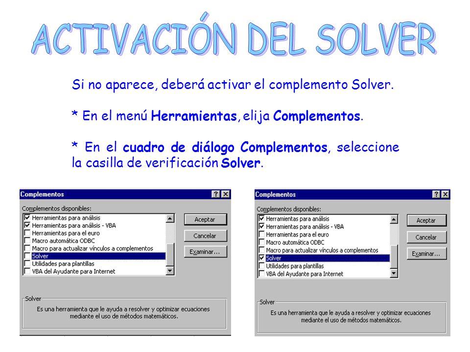 ACTIVACIÓN DEL SOLVER Si no aparece, deberá activar el complemento Solver. * En el menú Herramientas, elija Complementos.