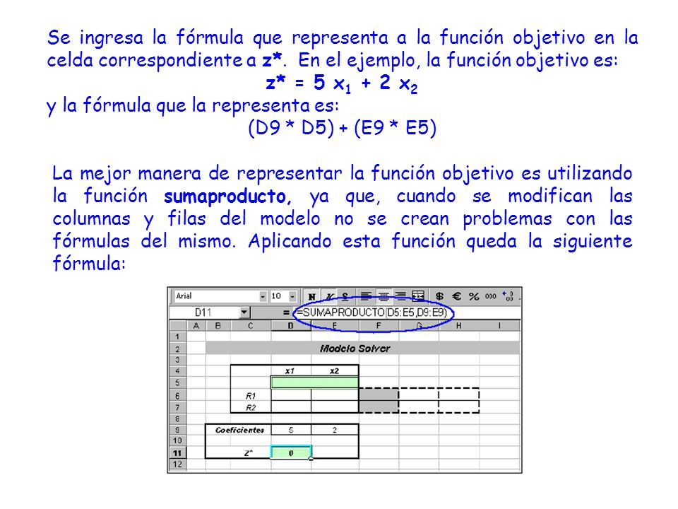 Se ingresa la fórmula que representa a la función objetivo en la celda correspondiente a z*. En el ejemplo, la función objetivo es: