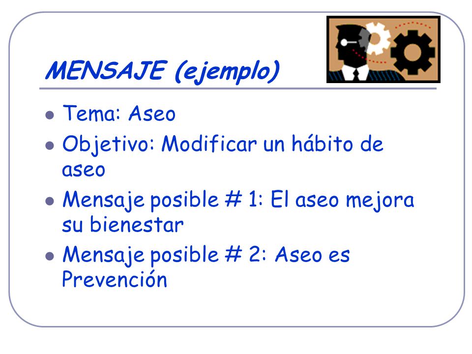 MENSAJE (ejemplo) Tema: Aseo Objetivo: Modificar un hábito de aseo