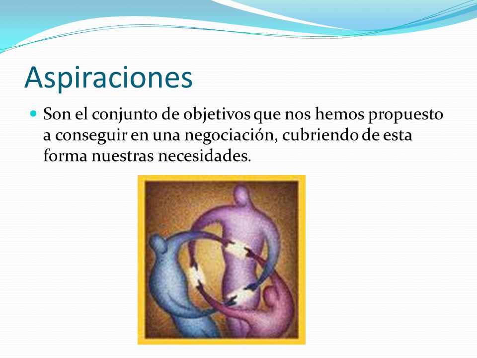 Aspiraciones Son el conjunto de objetivos que nos hemos propuesto a conseguir en una negociación, cubriendo de esta forma nuestras necesidades.