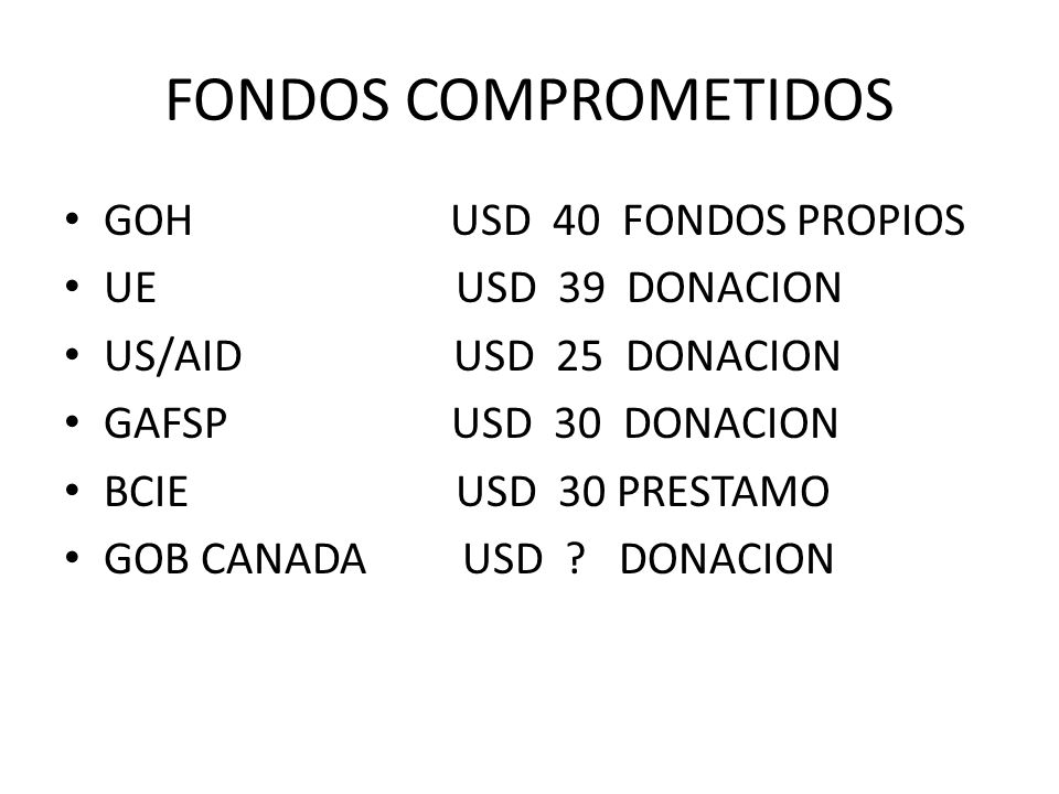 FONDOS COMPROMETIDOS GOH USD 40 FONDOS PROPIOS UE USD 39 DONACION