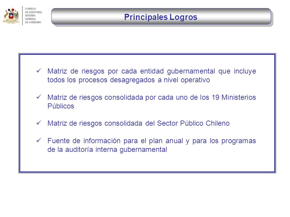 Principales Logros Matriz de riesgos por cada entidad gubernamental que incluye todos los procesos desagregados a nivel operativo.