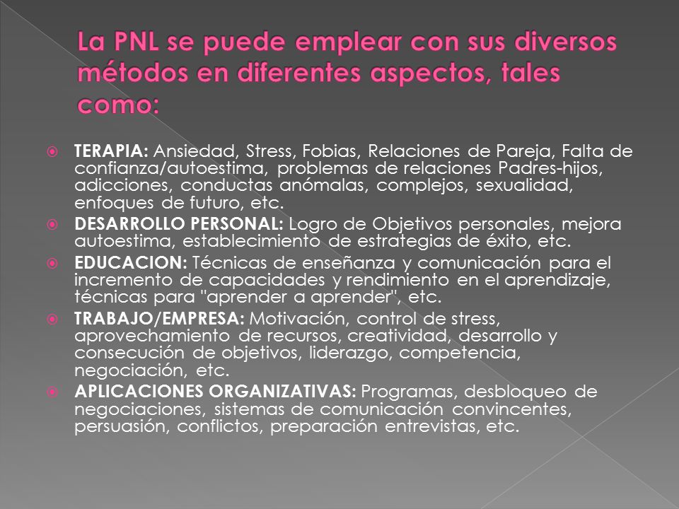 La PNL se puede emplear con sus diversos métodos en diferentes aspectos, tales como: