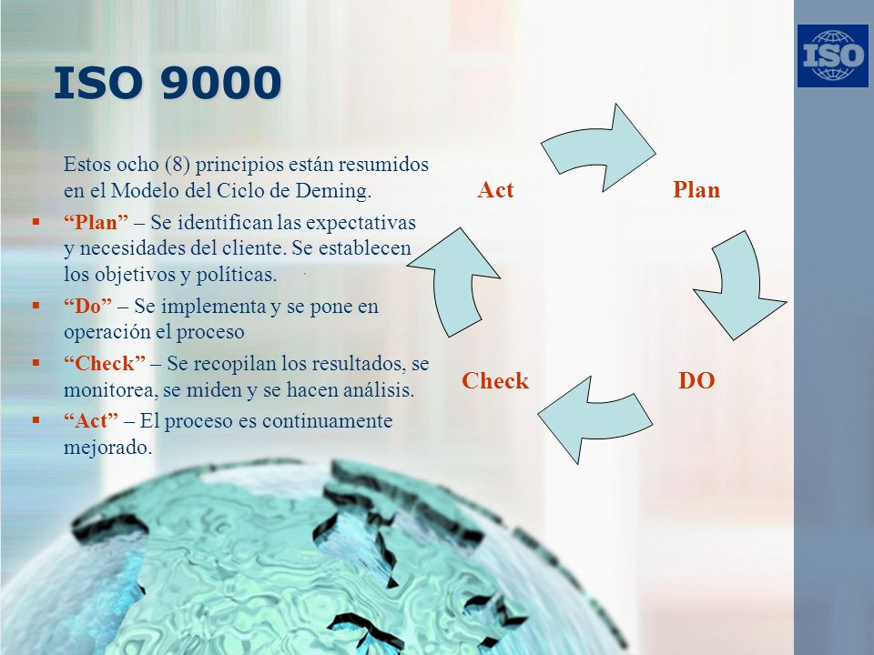 ISO 9000 Estos ocho (8) principios están resumidos en el Modelo del Ciclo de Deming.