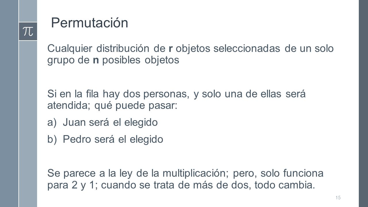 Permutación Cualquier distribución de r objetos seleccionadas de un solo grupo de n posibles objetos.