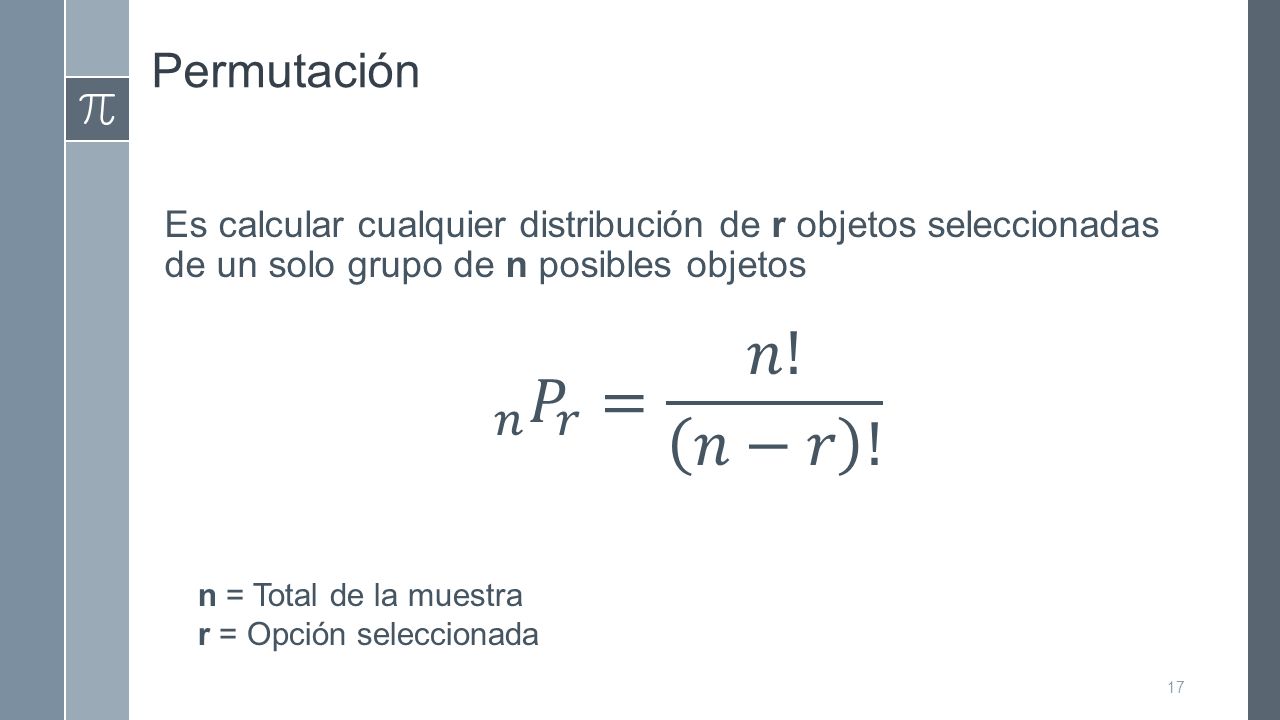 Permutación Es calcular cualquier distribución de r objetos seleccionadas de un solo grupo de n posibles objetos.