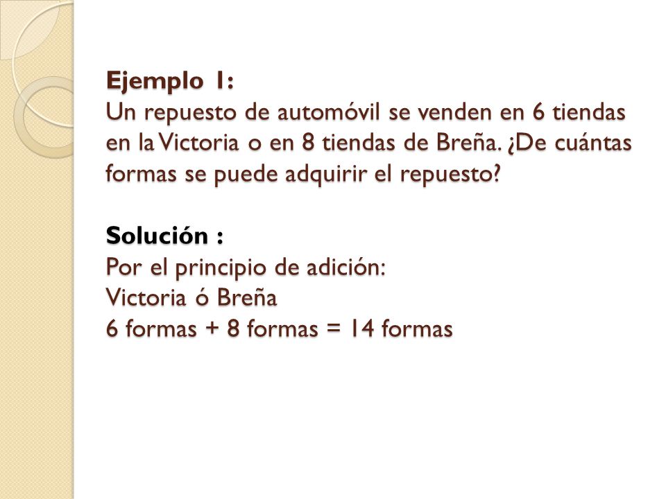 Ejemplo 1: Un repuesto de automóvil se venden en 6 tiendas en la Victoria o en 8 tiendas de Breña.
