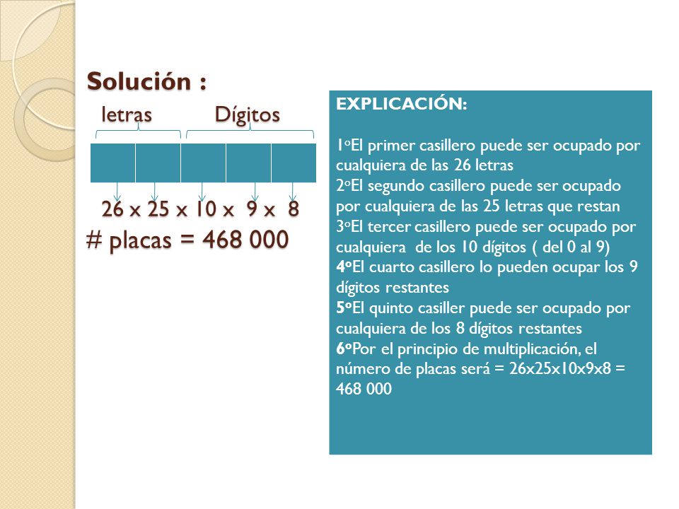 Solución : letras Dígitos 26 x 25 x 10 x 9 x 8 # placas =
