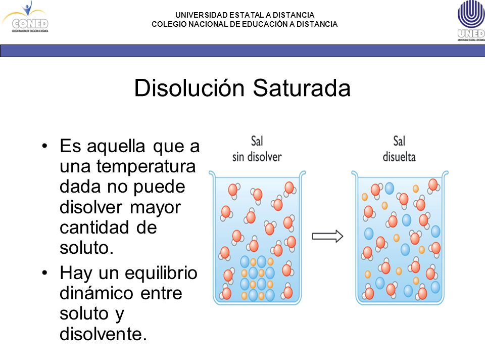 Disolución Saturada Es aquella que a una temperatura dada no puede disolver mayor cantidad de soluto.