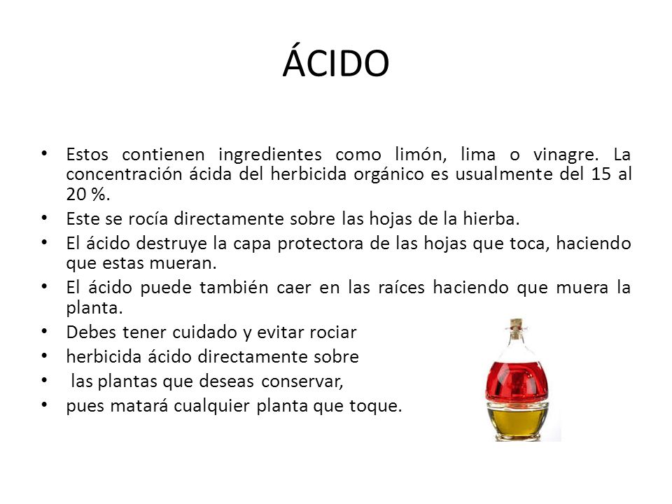 ÁCIDO Estos contienen ingredientes como limón, lima o vinagre. La concentración ácida del herbicida orgánico es usualmente del 15 al 20 %.