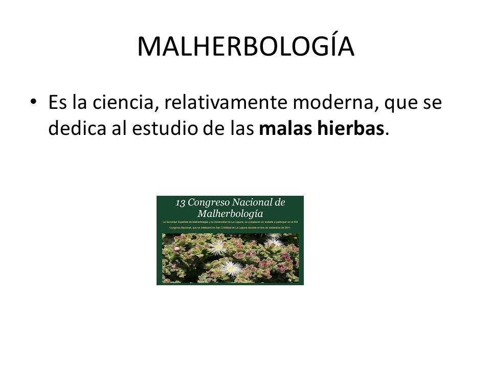 MALHERBOLOGÍA Es la ciencia, relativamente moderna, que se dedica al estudio de las malas hierbas.