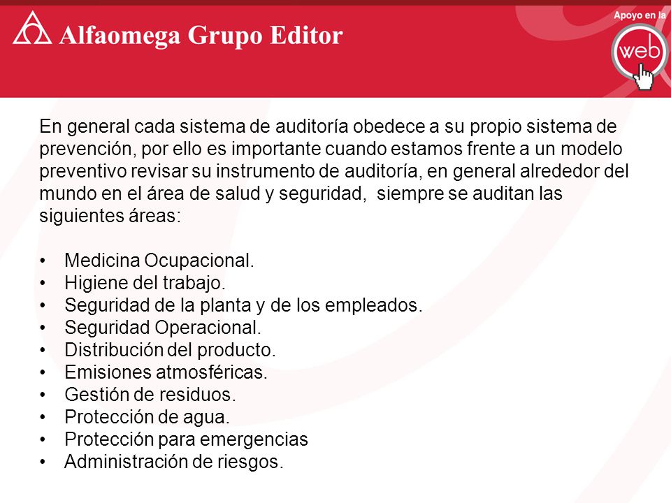 En general cada sistema de auditoría obedece a su propio sistema de prevención, por ello es importante cuando estamos frente a un modelo preventivo revisar su instrumento de auditoría, en general alrededor del mundo en el área de salud y seguridad, siempre se auditan las siguientes áreas: