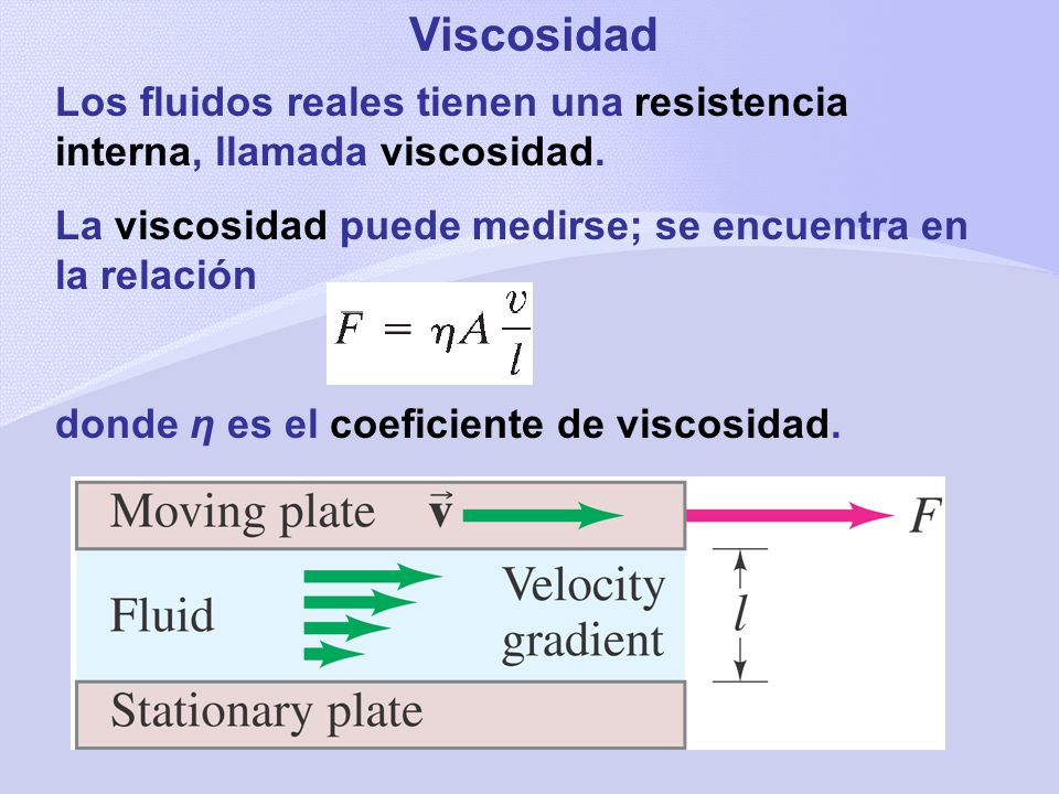 Viscosidad Los fluidos reales tienen una resistencia interna, llamada viscosidad. La viscosidad puede medirse; se encuentra en la relación.