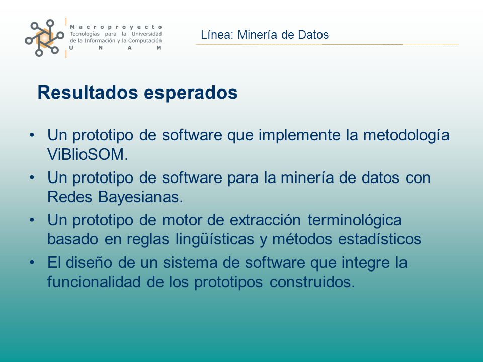 Resultados esperados Un prototipo de software que implemente la metodología ViBlioSOM.