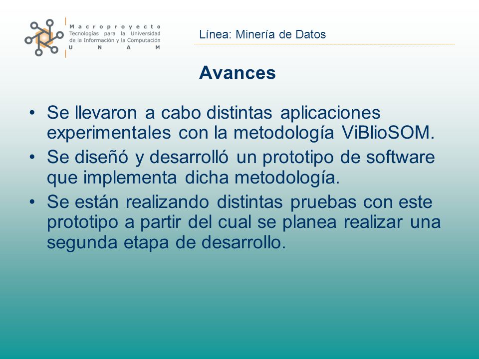 Avances Se llevaron a cabo distintas aplicaciones experimentales con la metodología ViBlioSOM.