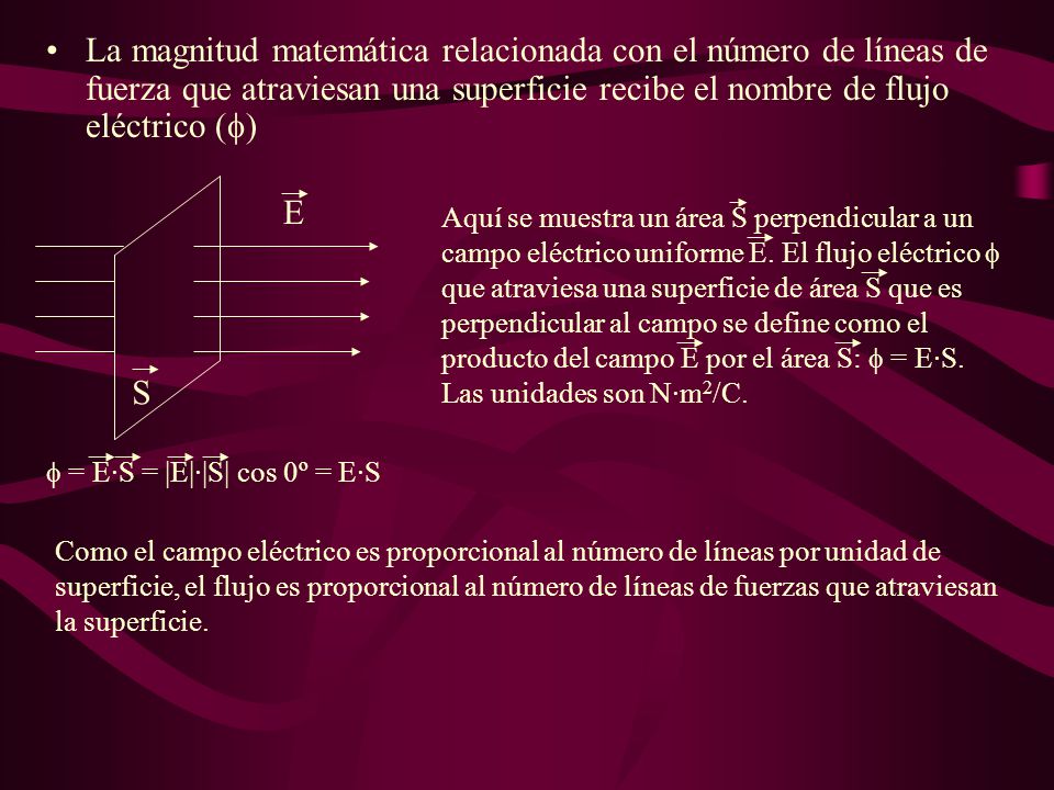 La magnitud matemática relacionada con el número de líneas de fuerza que atraviesan una superficie recibe el nombre de flujo eléctrico ()