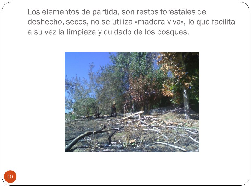 Los elementos de partida, son restos forestales de deshecho, secos, no se utiliza «madera viva», lo que facilita a su vez la limpieza y cuidado de los bosques.