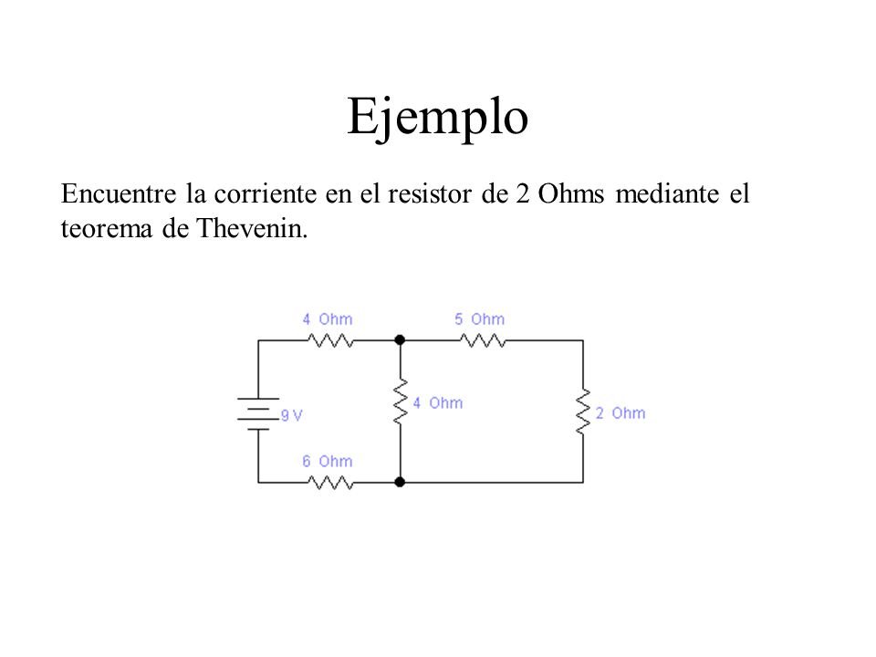 Ejemplo Encuentre la corriente en el resistor de 2 Ohms mediante el teorema de Thevenin.