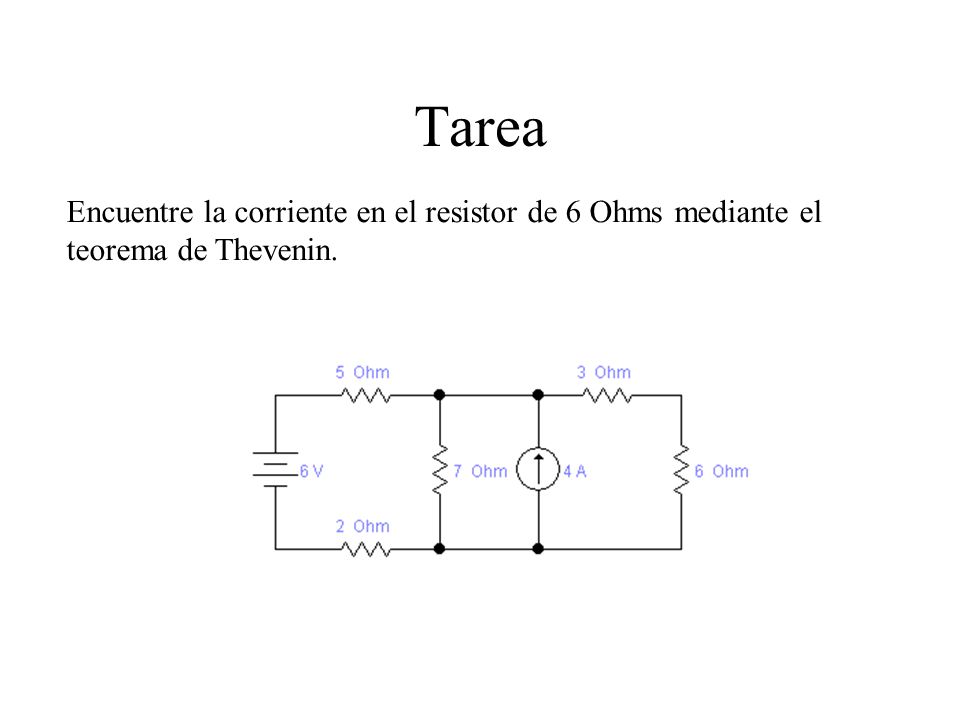 Tarea Encuentre la corriente en el resistor de 6 Ohms mediante el teorema de Thevenin.