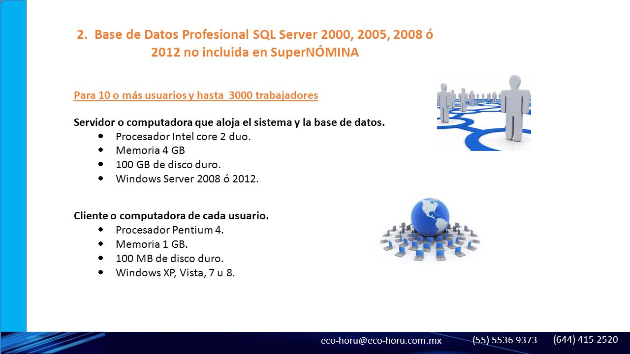 2. Base de Datos Profesional SQL Server 2000, 2005, 2008 ó 2012 no incluida en SuperNÓMINA