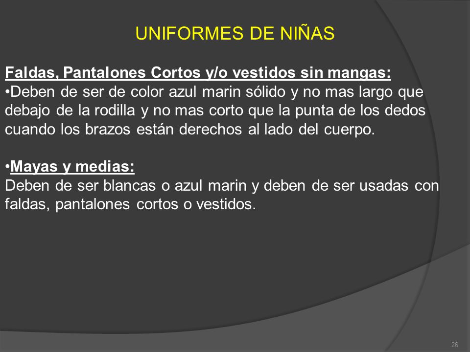 UNIFORMES DE NIÑAS Faldas, Pantalones Cortos y/o vestidos sin mangas: