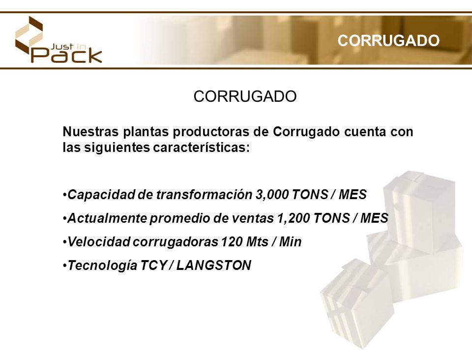 CORRUGADO CORRUGADO. Nuestras plantas productoras de Corrugado cuenta con las siguientes características:
