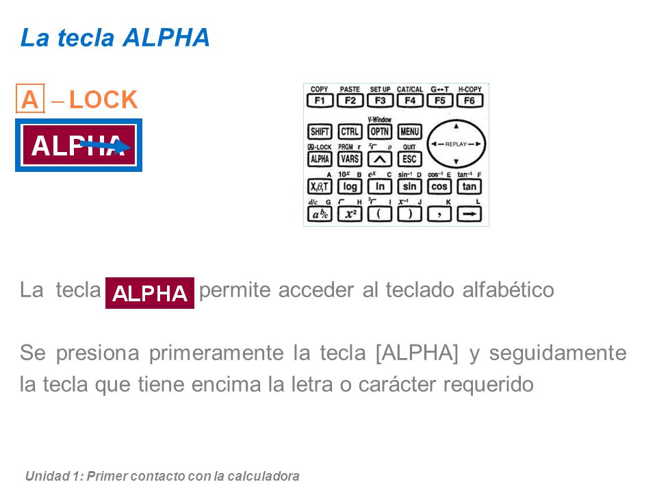 La tecla ALPHA La tecla permite acceder al teclado alfabético